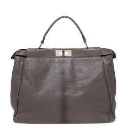 Pre Owned Fendi Grey Leather Large Peekaboo Top Handle Bag