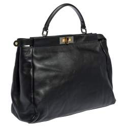 Pre Owned Fendi Black Leather with Watersnake and Suede Lining Large Peekaboo Top Handle Bag