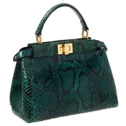 Pre Owned Fendi Green/Black Python Mini Peekaboo Top Handle Bag