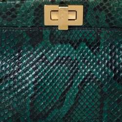 Pre Owned Fendi Green/Black Python Mini Peekaboo Top Handle Bag