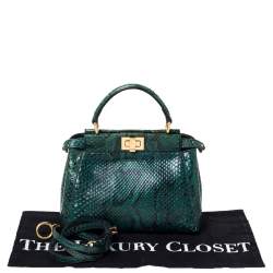 Pre Owned Fendi Green/Black Python Mini Peekaboo Top Handle Bag