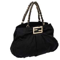 Pre Owned Fendi Black Canvas and Patent Leather Large Mia Shoulder Bag