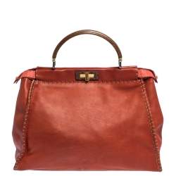Fendi Maroon/Coral Orange Selleria Leather Large Peekaboo Top Handle Bag
