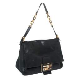 Pre Owned Fendi Black Iridescent Leather Mama Forever Large Flap Shoulder Bag