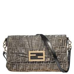 Pre Owned Fendi Gold/Silver Zucca Glitter Jacquard Fabric Mia Flap Bag