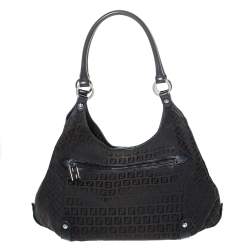 Pre Owned Fendi Black Zucchino Canvas and Leather Front Zip Hobo