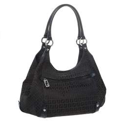 Pre Owned Fendi Black Zucchino Canvas and Leather Front Zip Hobo