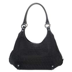 Pre Owned Fendi Black Zucchino Canvas and Leather Front Zip Hobo