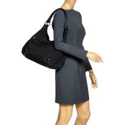 Pre Owned Fendi Black Zucchino Canvas and Leather Front Zip Hobo