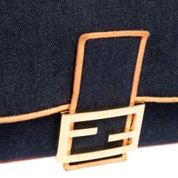 Pre Owned Fendi Blue/Orange Denim Mama Baguette Top Handle Bag