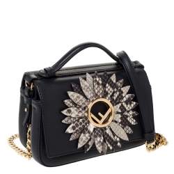 Pre Owned Fendi Black Leather and Python Small Daisy Flower Kan I F Shoulder Bag