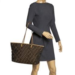 Pre Owned Fendi Brown/Beige Zucca Quilted Canvas and Leather Large Roll Tote