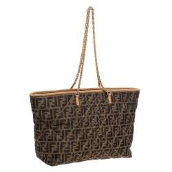 Pre Owned Fendi Brown/Beige Zucca Quilted Canvas and Leather Large Roll Tote