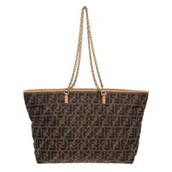 Pre Owned Fendi Brown/Beige Zucca Quilted Canvas and Leather Large Roll Tote