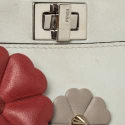 Pre Owned Fendi White Leather Micro Peekaboo Flowerland Top Handle Bag