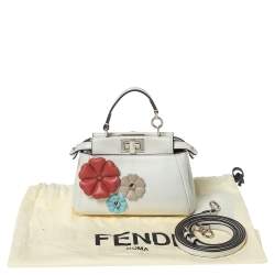 Pre Owned Fendi White Leather Micro Peekaboo Flowerland Top Handle Bag