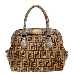 Pre Owned Fendi Beige/Brown Zucca Coated Canvas, Rattan and Python Adele Satchel 