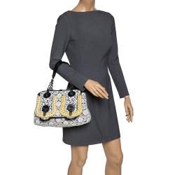 Pre Owned Fendi White/Black Lace and Leather Beads Embellished B Shoulder Bag