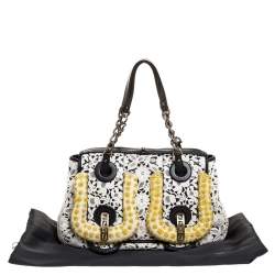 Pre Owned Fendi White/Black Lace and Leather Beads Embellished B Shoulder Bag