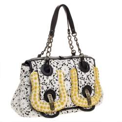 Pre Owned Fendi White/Black Lace and Leather Beads Embellished B Shoulder Bag