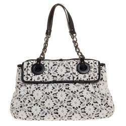 Pre Owned Fendi White/Black Lace and Leather Beads Embellished B Shoulder Bag