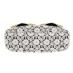 Pre Owned Fendi White/Black Lace and Leather Beads Embellished B Shoulder Bag