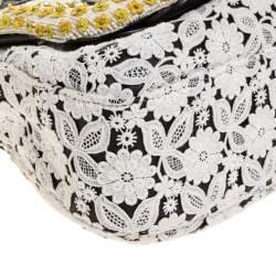 Pre Owned Fendi White/Black Lace and Leather Beads Embellished B Shoulder Bag