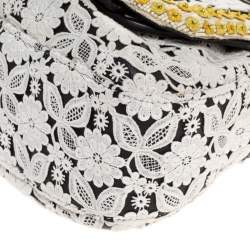 Pre Owned Fendi White/Black Lace and Leather Beads Embellished B Shoulder Bag