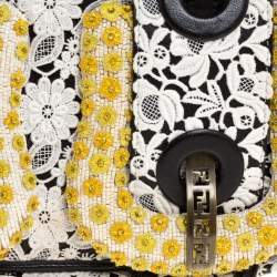 Pre Owned Fendi White/Black Lace and Leather Beads Embellished B Shoulder Bag
