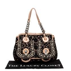 Pre Owned Fendi Black/Beige Lace and Leather Beads Embellished B Shoulder Bag