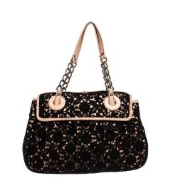 Pre Owned Fendi Black/Beige Lace and Leather Beads Embellished B Shoulder Bag