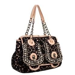 Pre Owned Fendi Black/Beige Lace and Leather Beads Embellished B Shoulder Bag