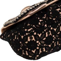 Pre Owned Fendi Black/Beige Lace and Leather Beads Embellished B Shoulder Bag