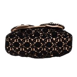 Pre Owned Fendi Black/Beige Lace and Leather Beads Embellished B Shoulder Bag