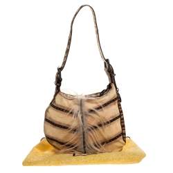 Pre Owned Fendi Cream/Brown Suede, Fur and Lizard Oyster Hobo