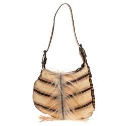 Pre Owned Fendi Cream/Brown Suede, Fur and Lizard Oyster Hobo