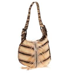 Pre Owned Fendi Cream/Brown Suede, Fur and Lizard Oyster Hobo