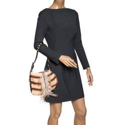 Pre Owned Fendi Cream/Brown Suede, Fur and Lizard Oyster Hobo