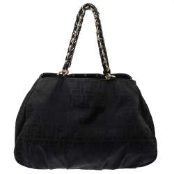 Pre Owned Fendi Black Canvas and Patent Leather Large Mia Shoulder Bag