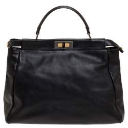 Pre Owned Fendi Black Leather with Suede and Python Lining Large Peekaboo Top Handle Bag