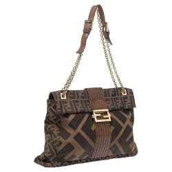Fendi Tobacco Zucca Canvas and Leather Maxi Baguette Flap Shoulder Bag