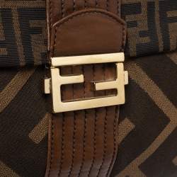 Fendi Tobacco Zucca Canvas and Leather Maxi Baguette Flap Shoulder Bag