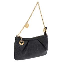 Pre Owned Fendi Black Zucchino Coated Canvas Baguette Chain Bag