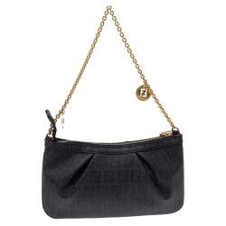 Pre Owned Fendi Black Zucchino Coated Canvas Baguette Chain Bag