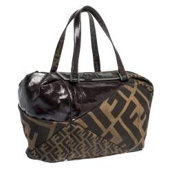 Pre Owned Fendi Tobacco Zucca Canvas and Patent Leather Raddica Boston Bag