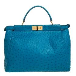 Pre Owned Fendi Aqua Blue Ostrich Large Peekaboo Top Handle Bag