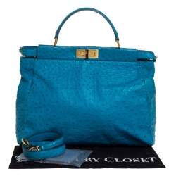 Pre Owned Fendi Aqua Blue Ostrich Large Peekaboo Top Handle Bag