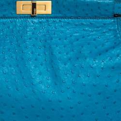 Pre Owned Fendi Aqua Blue Ostrich Large Peekaboo Top Handle Bag