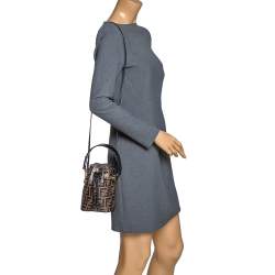 Pre Owned Fendi Brown/Black Zucca Leather Mini Mon Tresor Drawstring Bucket Bag