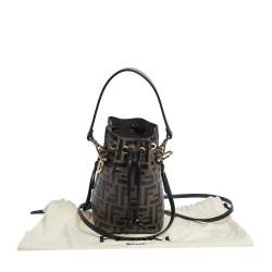 Pre Owned Fendi Brown/Black Zucca Leather Mini Mon Tresor Drawstring Bucket Bag
